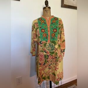 April Cornell small tunic with three fabric buttons and embroidered flowers